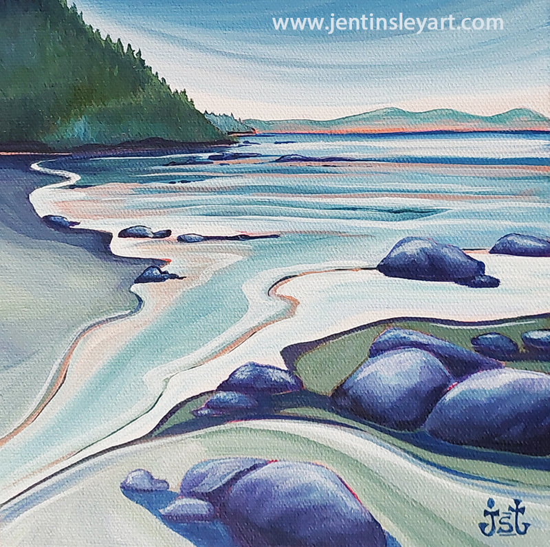 west coast shoreline painting with the tide coming in