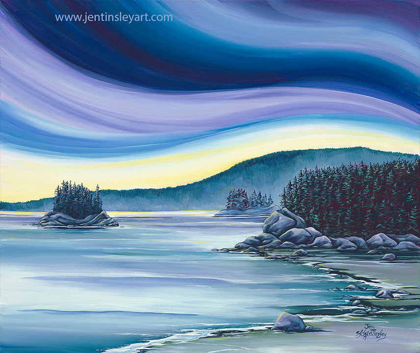 West coast sunset painting with blue, purple, and yellow. Three outcroppings with trees.