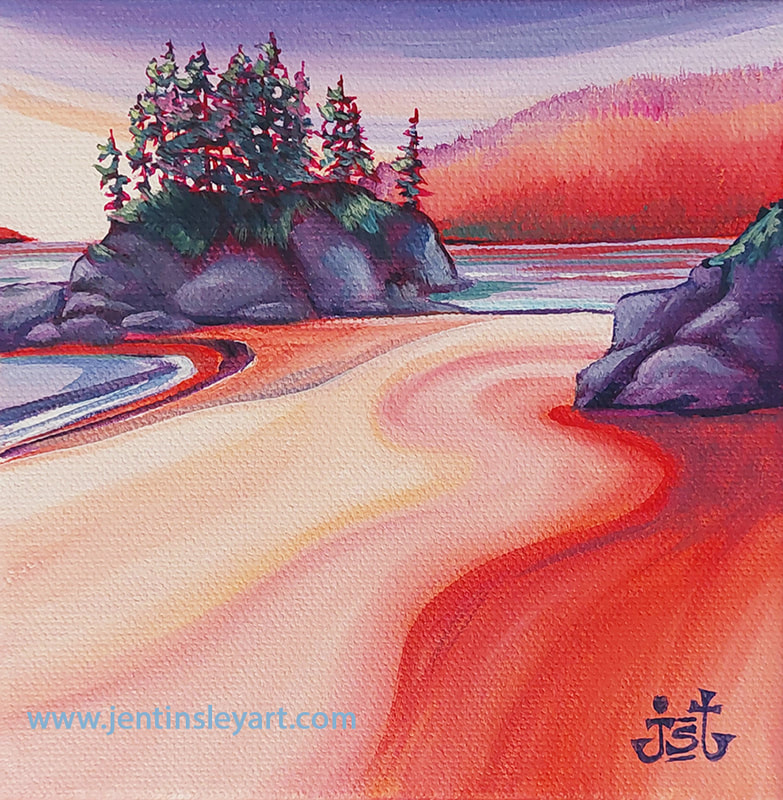 West coast outcropping painting using reds and purples