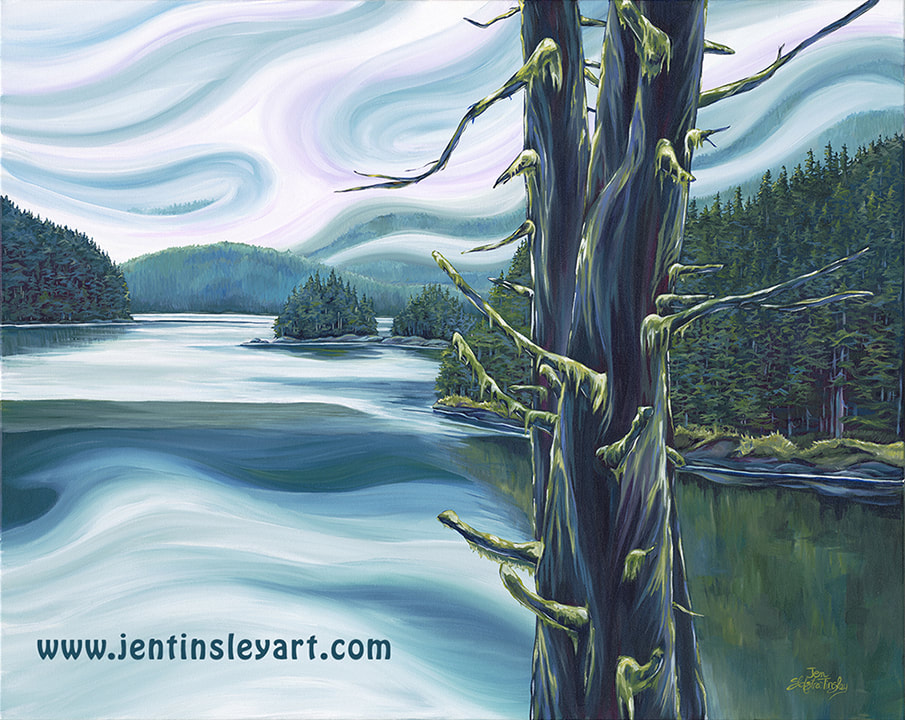 giclee print, lake painting, tree painting, mossy tree, west coast, lower mainland, Jen Tinsley, Canadian art, Vancouver Island Art, Buntzen Lake, Buntzen Lake painting