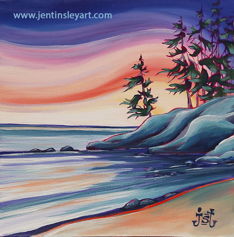 West Coast shoreline painting in the evening with pinks and purples in the sky
