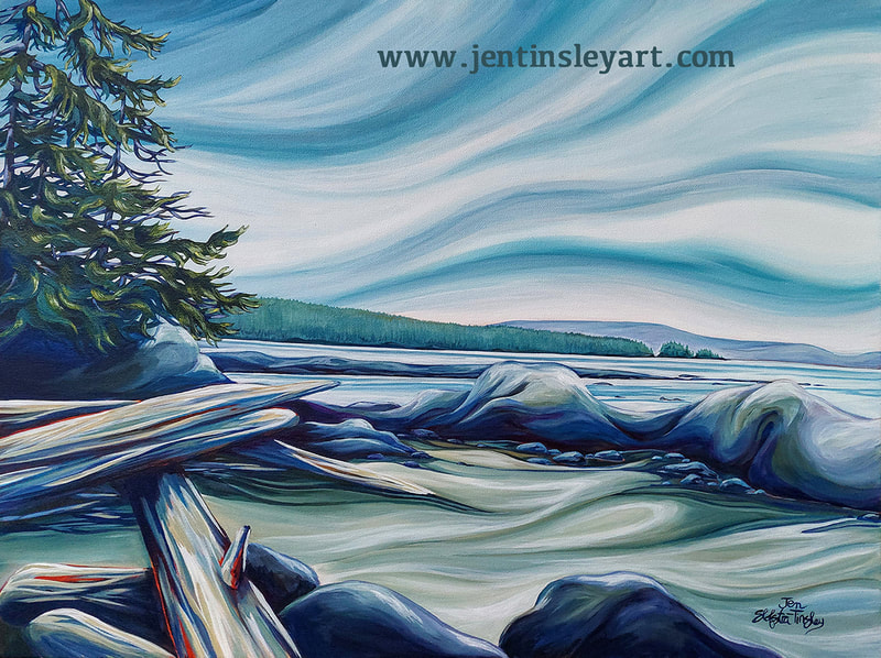 Cape Scott Landscape painting with rocks, driftwood and trees.