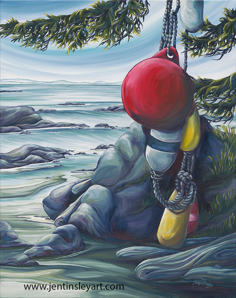 Cape Scott painting with red and yellow buoys to mark trailhead and tree branch